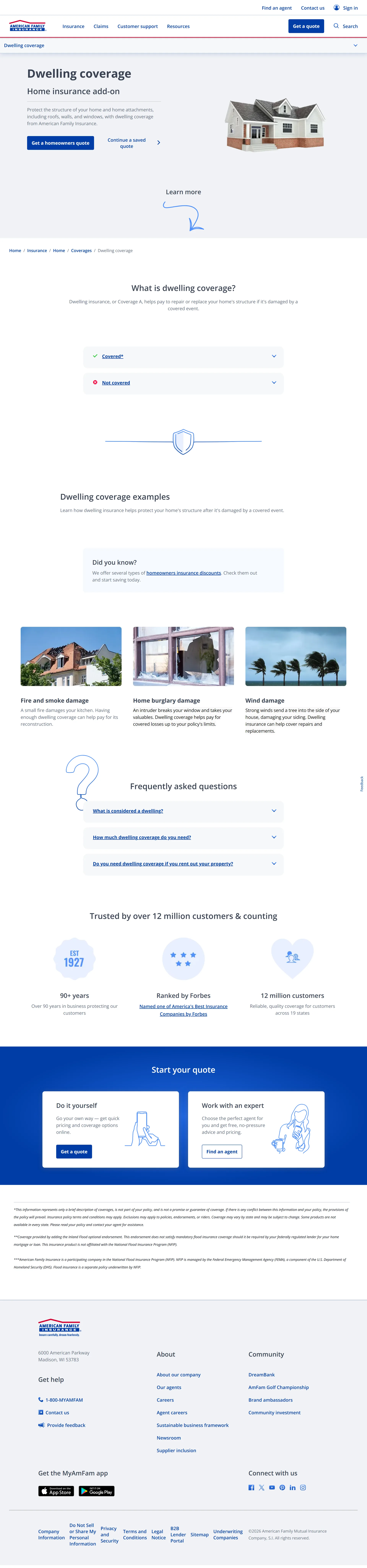 Dwelling coverage page, explaining what the coverage protects, with worked examples and frequently asked questions