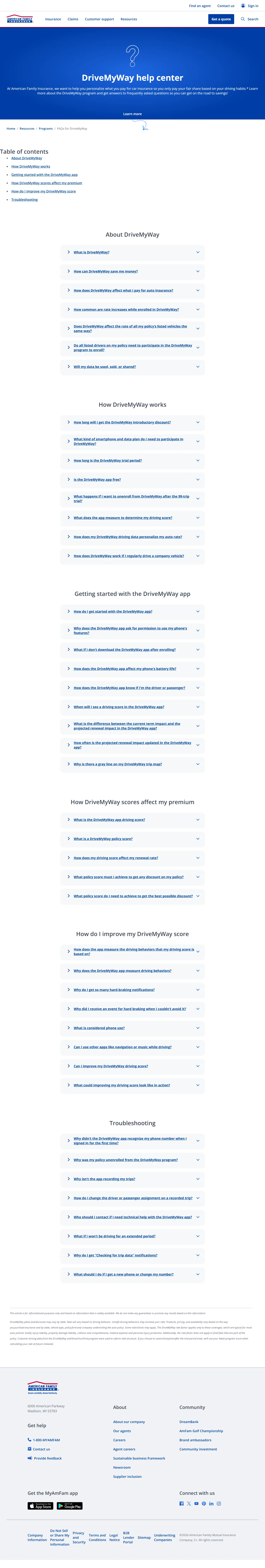 The full DriveMyWay help center page after the rewrite: a table of contents linking six sections, then About DriveMyWay, How DriveMyWay works, Getting started with the app, How scores affect my premium, How do I improve my score, and Troubleshooting, each a list of expandable questions.