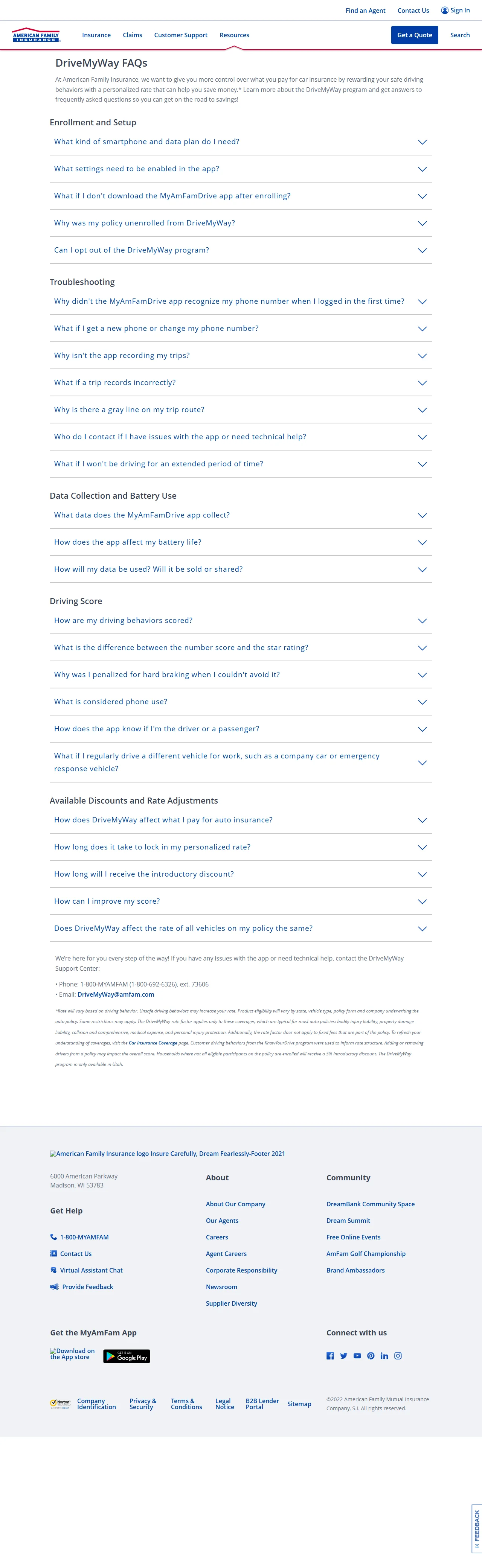 The DriveMyWay FAQs page before the rewrite, archived March 2023: no table of contents, just two groups, Enrollment and Setup and Troubleshooting, each a long list of collapsed questions.