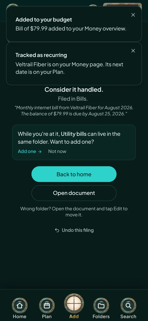 Handled's filed screen: Consider it handled. Filed in Bills. Notes that the bill was added to the budget and tracked as recurring, and an Undo this filing link.