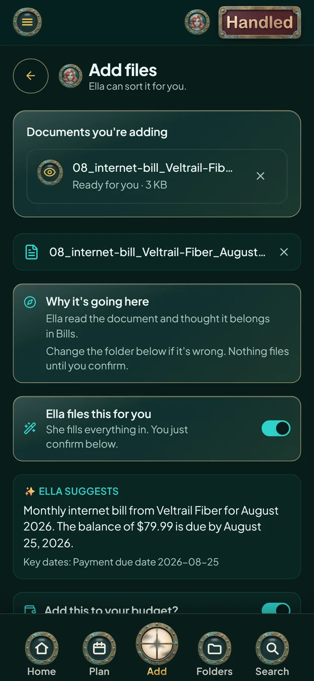 Handled's review screen: Why it's going here. Ella read the document and thought it belongs in Bills. Change the folder below if it's wrong. Nothing files until you confirm. Then Ella's summary of an internet bill.