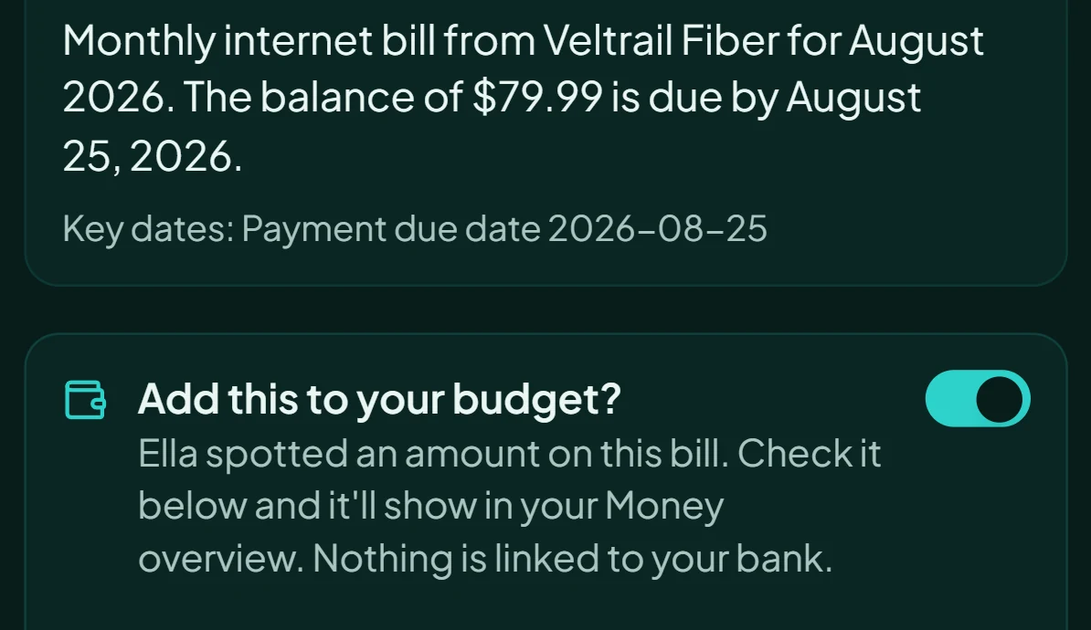 The review screen's budget card: Add this to your budget? Ella spotted an amount on this bill. Check it below and it'll show in your Money overview. Nothing is linked to your bank. Amount 79.99, category Internet.
