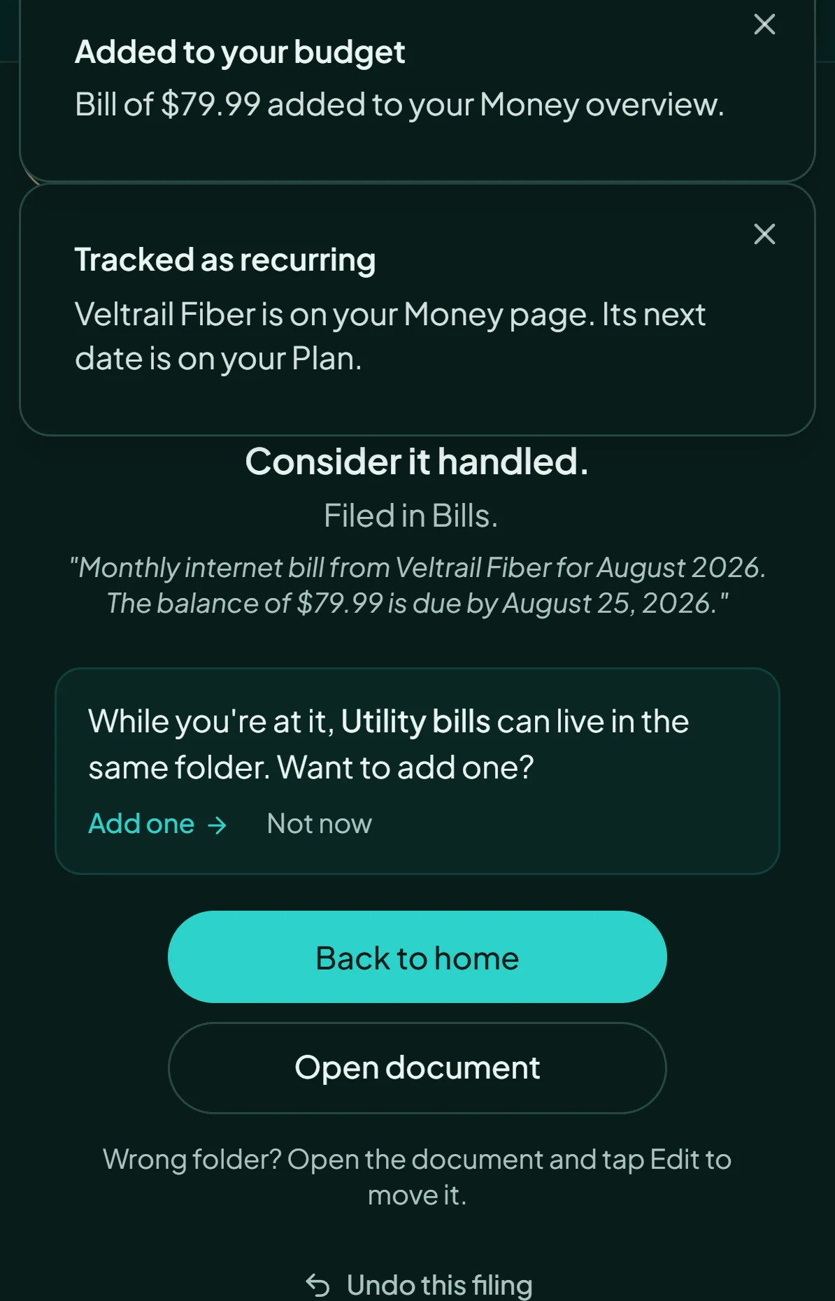 The filed screen: added to your budget, tracked as recurring, Consider it handled, filed in Bills, and buttons to go back home or open the document.