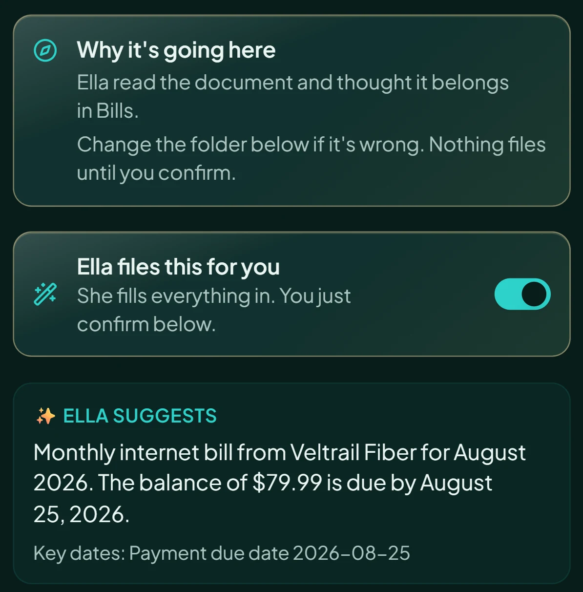 The review screen: Why it's going here, Ella thought it belongs in Bills. Ella files this for you toggle. Ella suggests: a summary of a monthly internet bill with its due date.