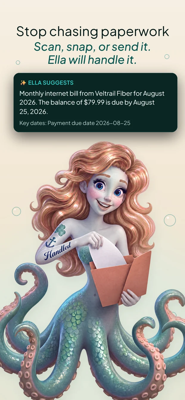 App Store screen: Stop chasing paperwork. Scan, snap, or send it. Ella will handle it.