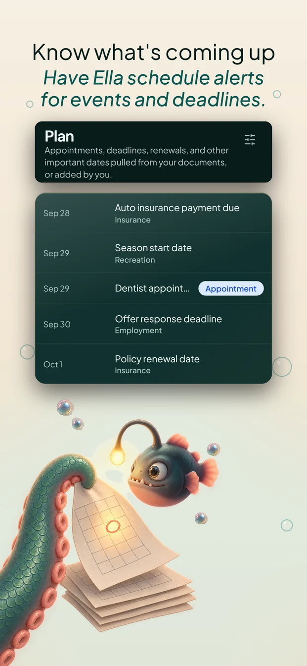 App Store screen: Know what's coming up. Have Ella schedule alerts for events and deadlines.