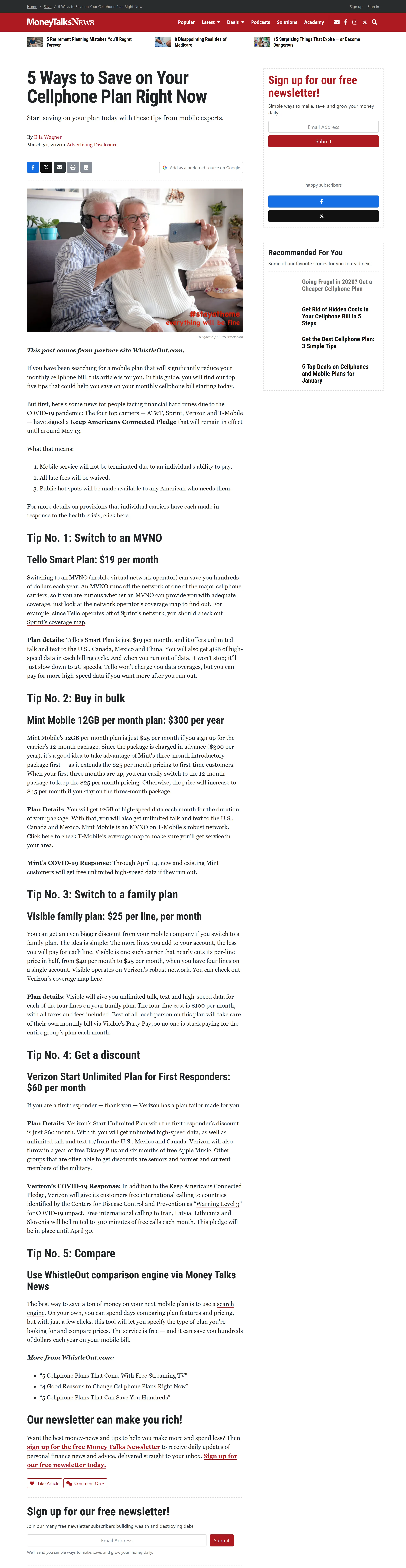 Published article on five ways to lower a monthly cellphone plan cost, bylined Ella Wagner (Scott), Money Talks News