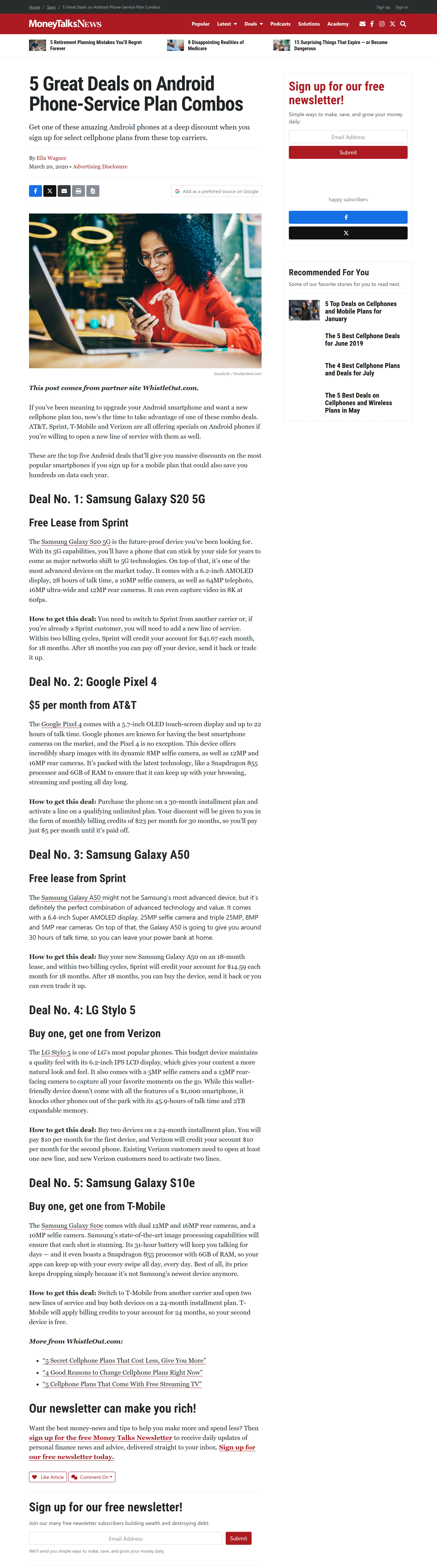 Published article comparing Android phone and service plan bundle deals, bylined Ella Wagner (Scott), Money Talks News