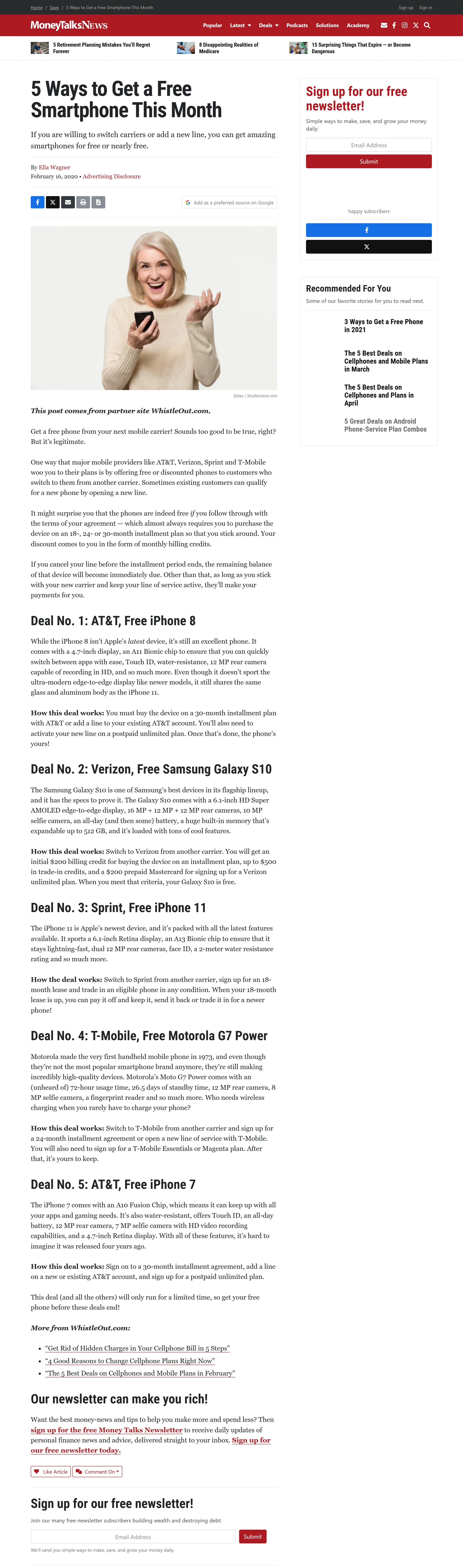 Published article on five ways to get a free smartphone through carrier offers, bylined Ella Wagner (Scott), Money Talks News