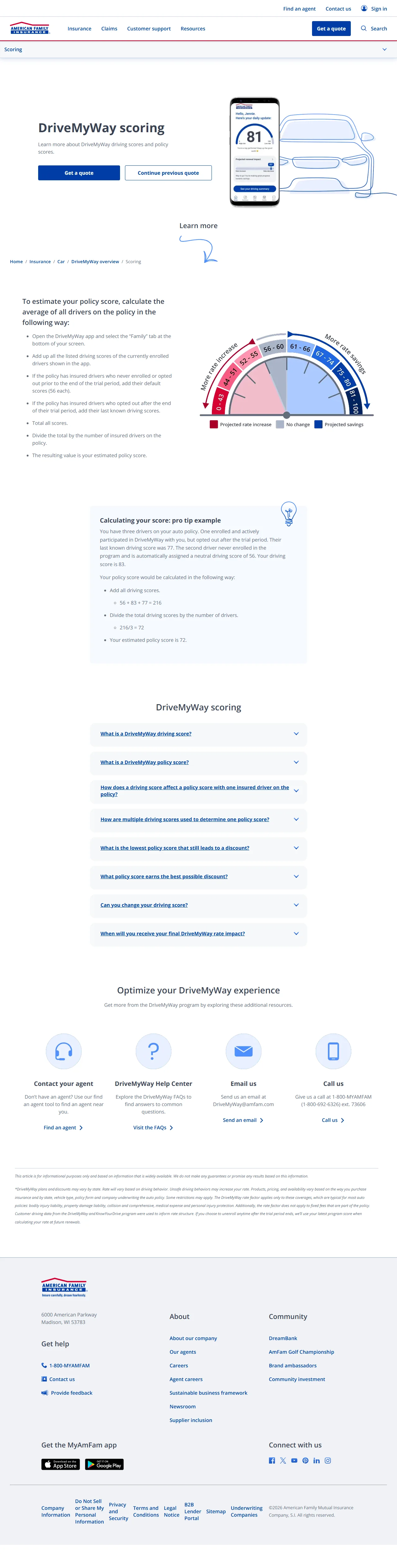 The DriveMyWay scoring page after the rewrite: a real score of 81 shown in the app, a step-by-step method for averaging driver scores, a gauge mapping score bands to rate increase or savings, and a worked example.