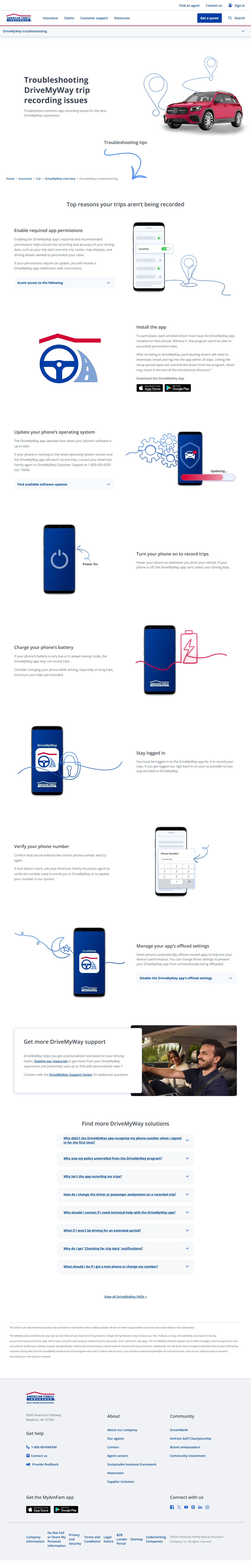 The live Troubleshooting DriveMyWay trip recording issues page: a hero, then troubleshooting tips covering common app recording problems.